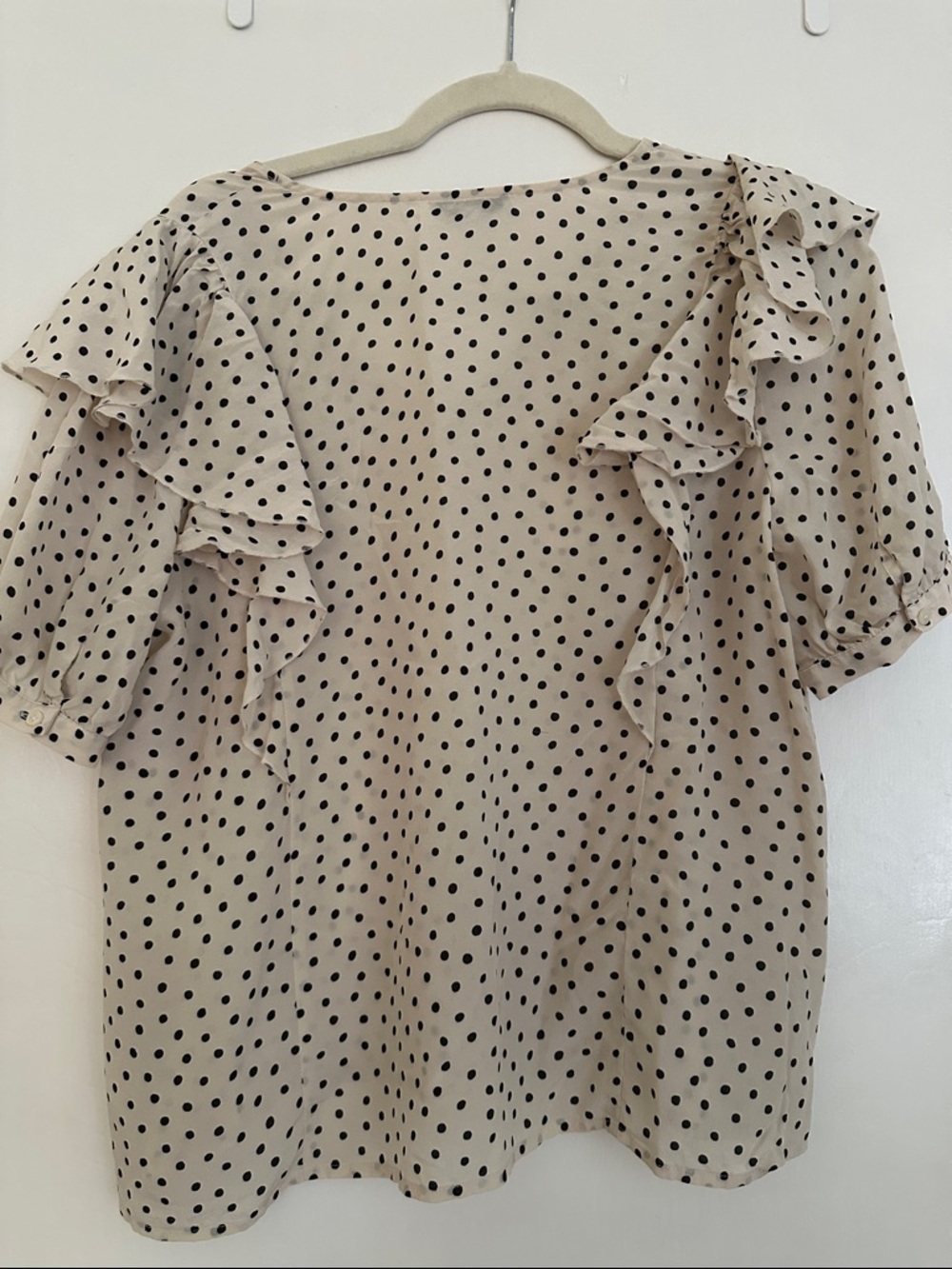 Polka Dot Ruffle Short Sleeve Top - Beige/Black - Picture 3 of 4